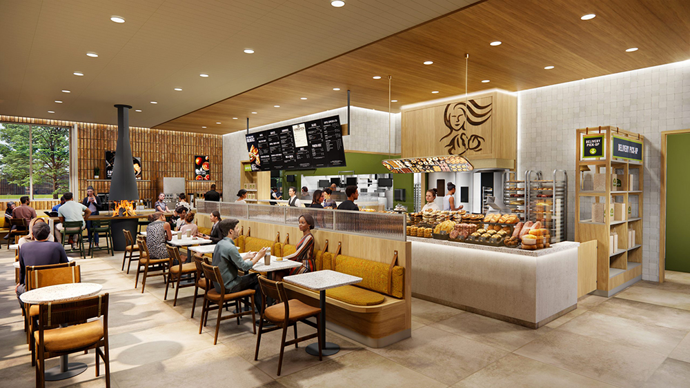Last year, in response to the Covid pandemic, Panera Bread updated the design of its fast-casual restaurants to include enhanced digital capabilities and more drive-thru access. Photography: Courtesy of Panera